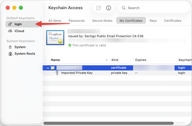 Showing that the keychain must be “login”
